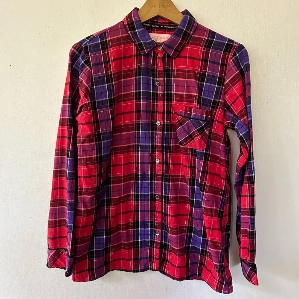 Victorias Secret Flannel Pajama Top Womens Small‎ Pink Plaid Y2K 2000s Cozy PJs